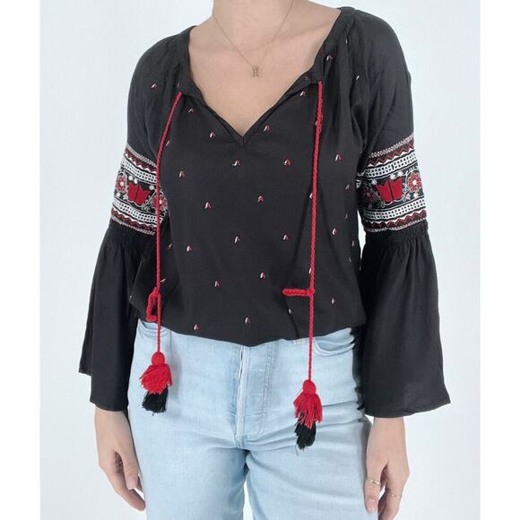 Ban Jara Boho Embroidered Black Blouse with Bell Sleeves - Picture 1 of 5